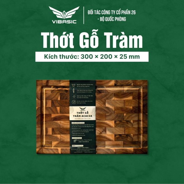 Thớt gỗ Tràm keo Vibasic ghép dựng block kích thước 300x200x25mm