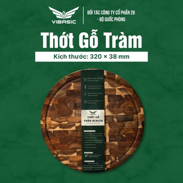 Thớt gỗ Tràm keo tròn Vibasic ghép dựng block kích thước 320x40mm dùng để chặt