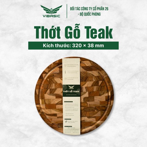 Thớt gỗ Teak Vibasic ghép dựng block kích thước 320x38mm thớt tròn dùng để chặt