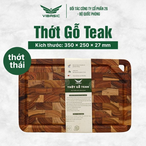 Thớt gỗ Teak Vibasic ghép dựng block kích thước 350x250x27mm