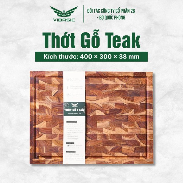Thớt gỗ Teak Vibasic ghép dựng block có 3 khay đựng đồ, kích thước 400x300x38mm dùng để chặt