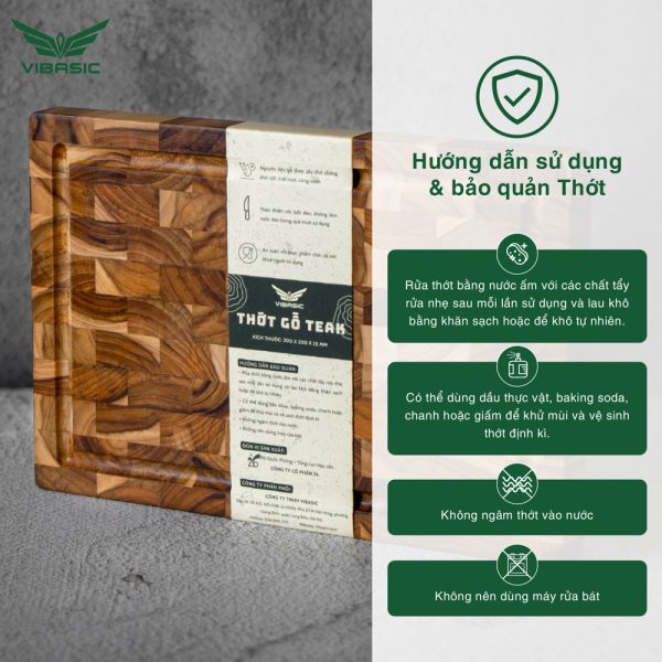 Thớt gỗ Teak Vibasic ghép dựng block kích thước 350x250x27mm