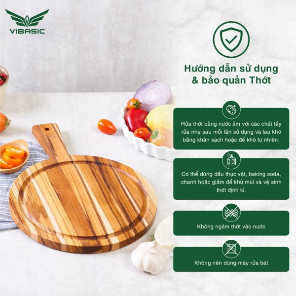 Thớt gỗ Teak Vibasic ghép ngang solid có tay cầm kích thước 250x18mm