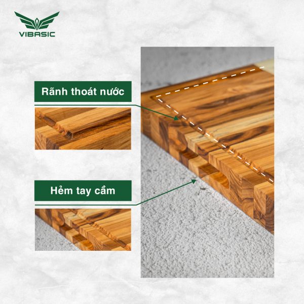 Thớt gỗ Teak Vibasic ghép ngang solid có 1 khay đựng đồ, kích thước 400x300x38mm dùng để chặt