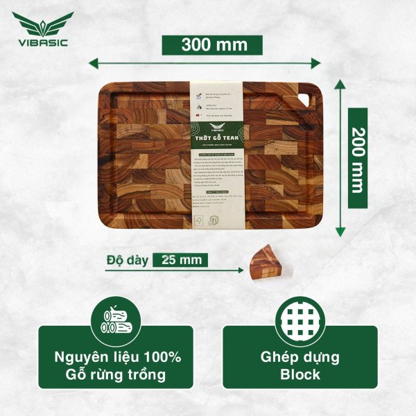 Thớt gỗ Teak Vibasic ghép dựng block kích thước 350x250x27mm
