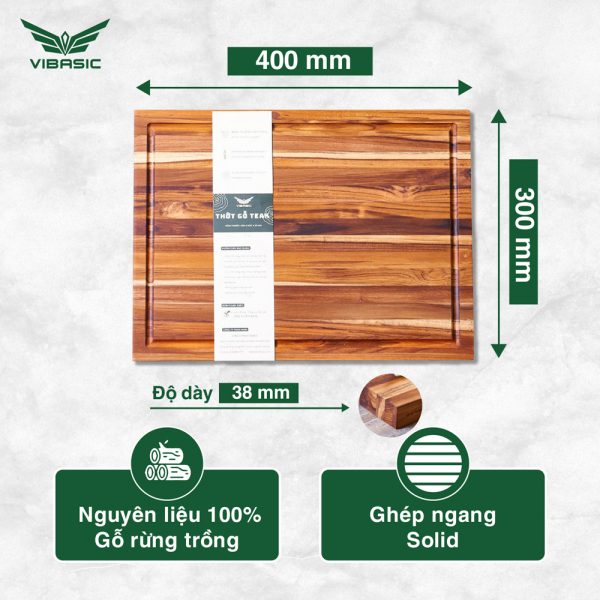 Thớt gỗ Teak Vibasic ghép ngang solid có 1 khay đựng đồ, kích thước 400x300x38mm dùng để chặt