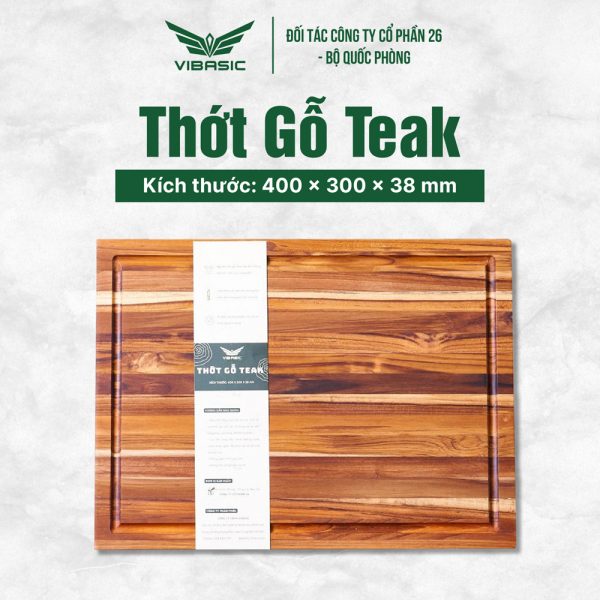 Thớt gỗ Teak Vibasic ghép ngang solid có 1 khay đựng đồ, kích thước 400x300x38mm dùng để chặt