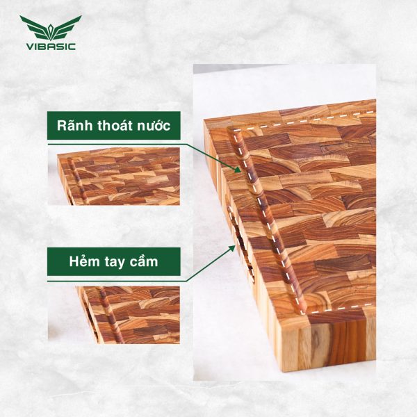 Thớt gỗ Teak Vibasic ghép dựng block có 3 khay đựng đồ, kích thước 400x300x38mm dùng để chặt