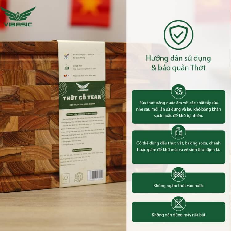 Thớt gỗ Teak Vibasic ghép dựng block kích thước 300x200x25mm