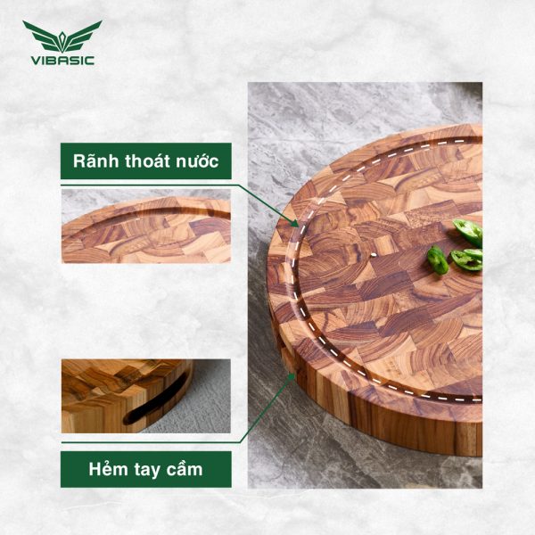Thớt gỗ Teak Vibasic ghép dựng block kích thước 320x38mm thớt tròn dùng để chặt