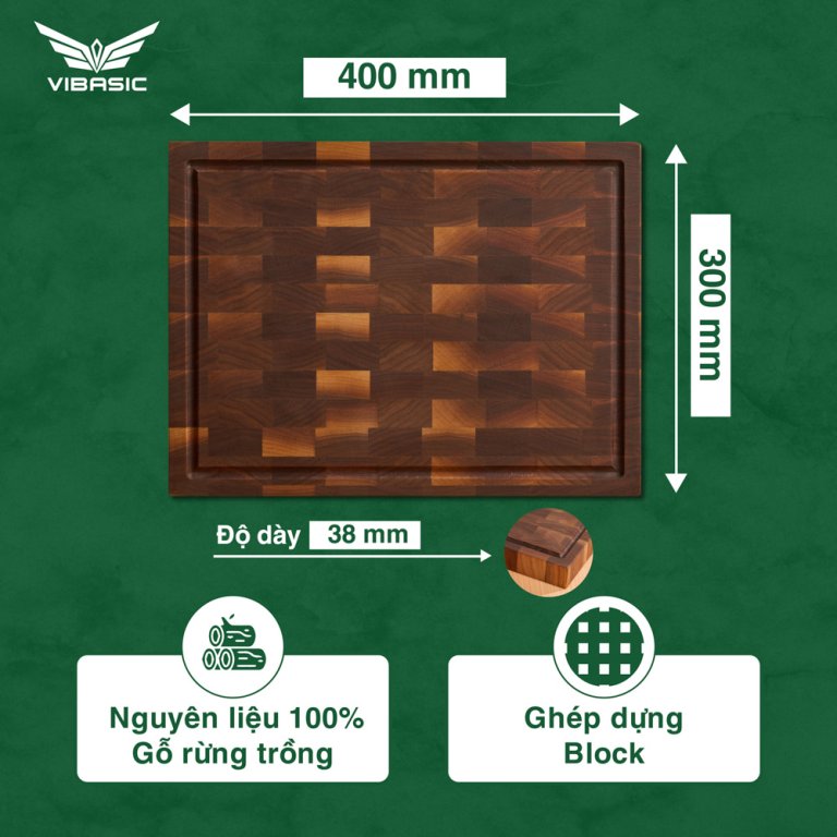 Thớt gỗ Óc Chó Vibasic ghép dựng block kích thước 400x300x38mm
