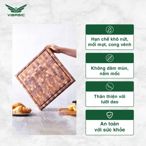Thớt gỗ Teak Vibasic ghép dựng block kích thước 350x350x38mm thớt vuông dùng để chặt