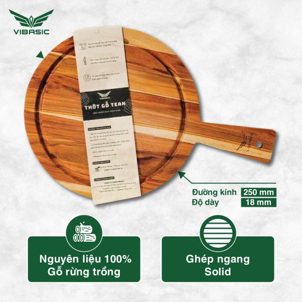 Thớt gỗ Teak Vibasic ghép ngang solid có tay cầm kích thước 250x18mm