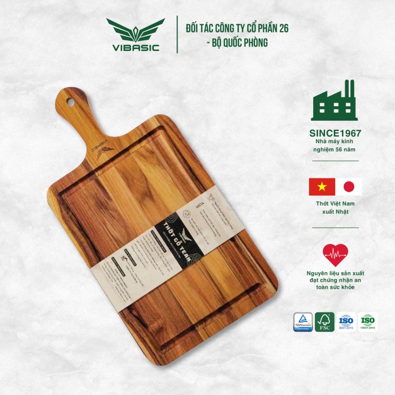 Thớt gỗ Teak Vibasic ghép ngang solid có tay cầm kích thước 300x220x18mm