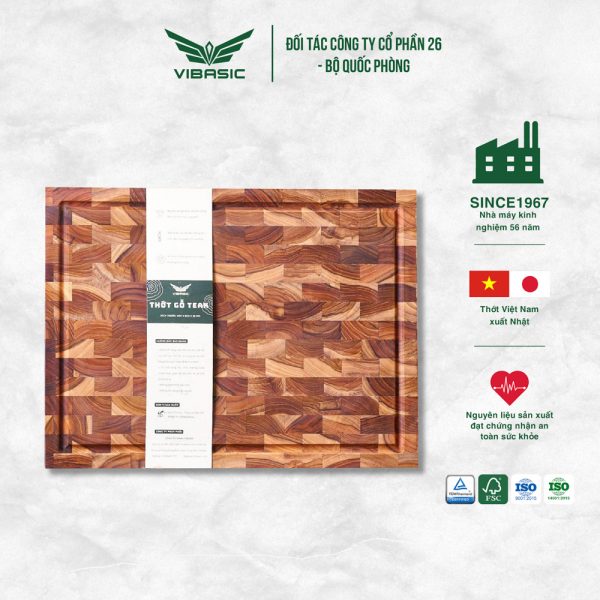 Thớt gỗ Teak Vibasic ghép dựng block có 3 khay đựng đồ, kích thước 400x300x38mm dùng để chặt