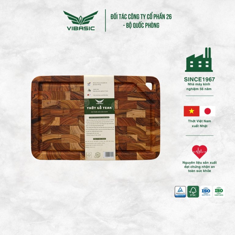 Thớt gỗ Teak Vibasic ghép dựng block kích thước 300x200x25mm