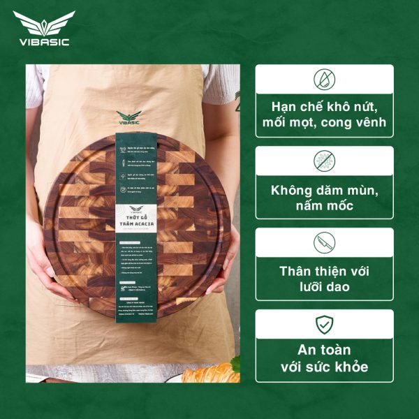 Thớt gỗ Tràm keo tròn Vibasic ghép dựng block kích thước 320x40mm dùng để chặt