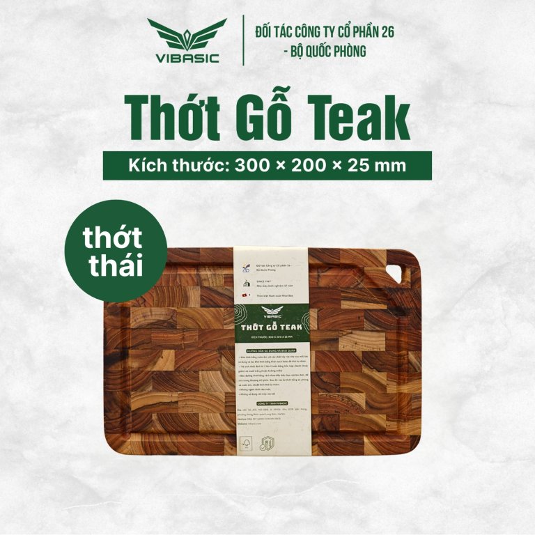Thớt gỗ Teak Vibasic ghép dựng block kích thước 300x200x25mm