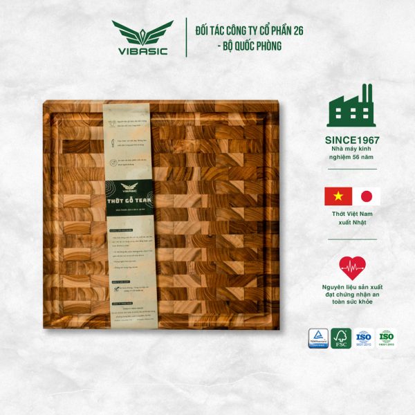 Thớt gỗ Teak Vibasic ghép dựng block kích thước 350x350x38mm thớt vuông dùng để chặt