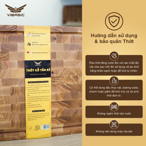 Thớt Tần Bì (Ash Wood) Vibasic ghép block, Kích thước 400x300x38mm