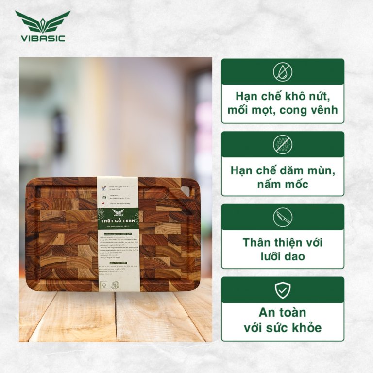 Thớt gỗ Teak Vibasic ghép dựng block kích thước 300x200x25mm