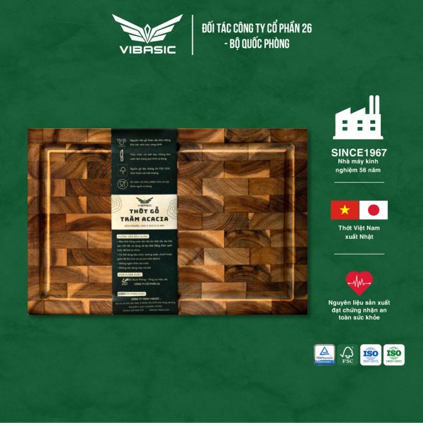 Thớt gỗ Tràm keo Vibasic ghép dựng block kích thước 300x200x25mm