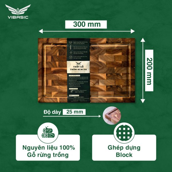 Thớt gỗ Tràm keo Vibasic ghép dựng block kích thước 300x200x25mm