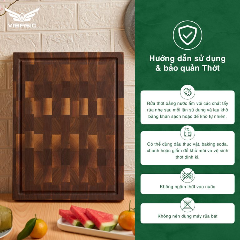 Thớt gỗ Óc Chó Vibasic ghép dựng block kích thước 400x300x38mm