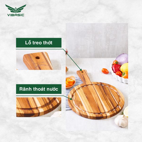 Thớt gỗ Teak Vibasic ghép ngang solid có tay cầm kích thước 250x18mm