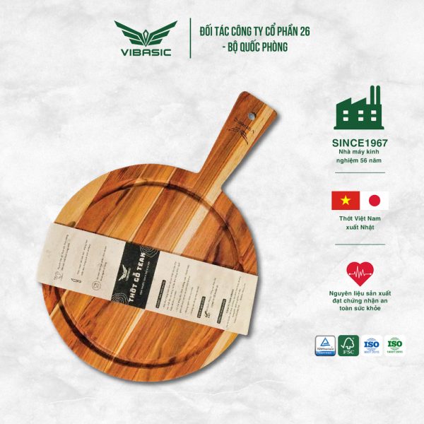 Thớt gỗ Teak Vibasic ghép ngang solid có tay cầm kích thước 250x18mm