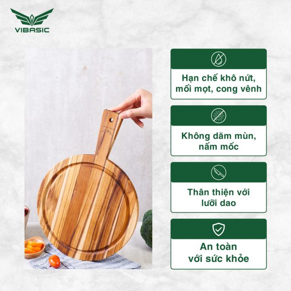 Thớt gỗ Teak Vibasic ghép ngang solid có tay cầm kích thước 250x18mm