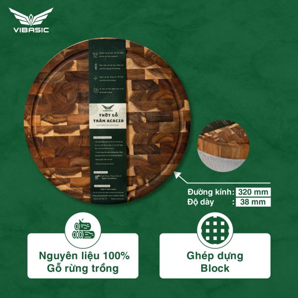 Thớt gỗ Tràm keo tròn Vibasic ghép dựng block kích thước 320x40mm dùng để chặt