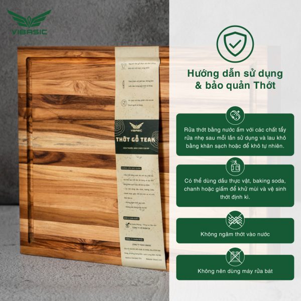 Thớt gỗ Teak Vibasic ghép ngang solid có 1 khay đựng đồ, kích thước 400x300x38mm dùng để chặt