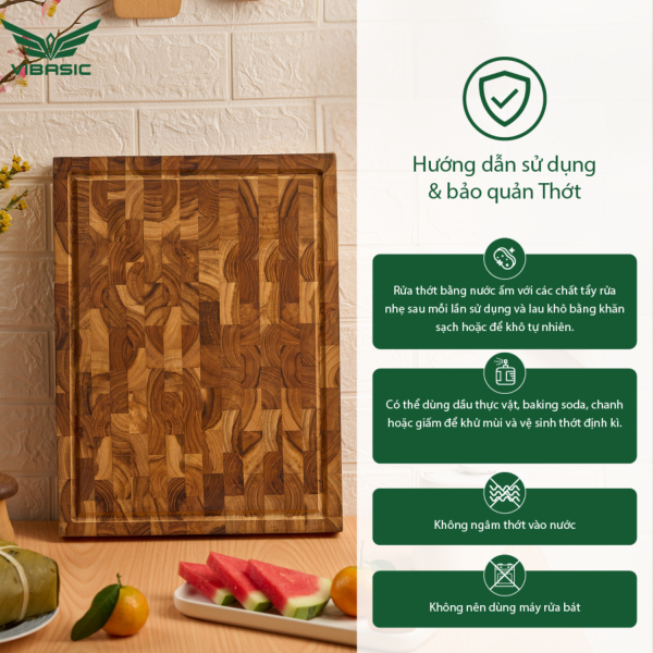 Thớt gỗ Teak Vibasic ghép dựng block có 3 khay đựng đồ, kích thước 400x300x38mm dùng để chặt