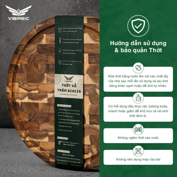 Thớt gỗ Tràm keo tròn Vibasic ghép dựng block kích thước 320x40mm dùng để chặt