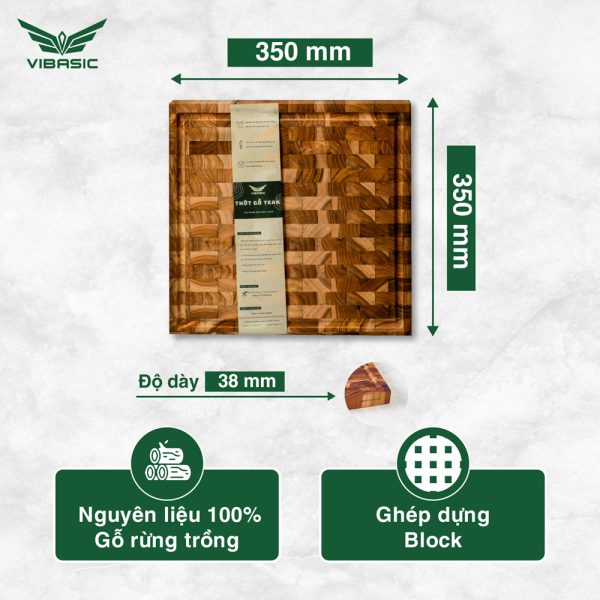 Thớt gỗ Teak Vibasic ghép dựng block kích thước 350x350x38mm thớt vuông dùng để chặt