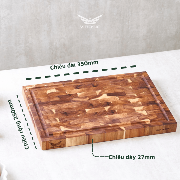 Thớt gỗ Tràm keo Vibasic ghép dựng block kích thước 350x250x38mm