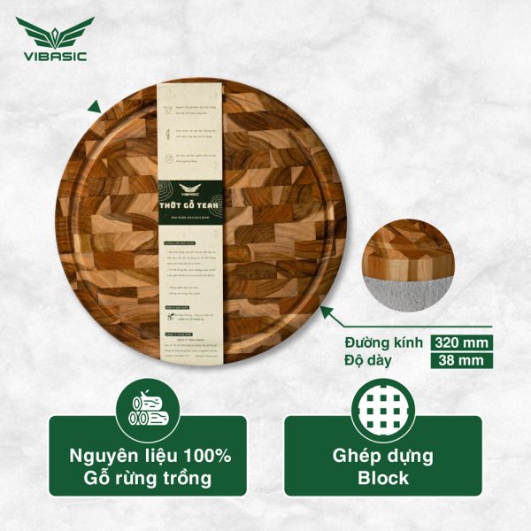 Thớt gỗ Teak Vibasic ghép dựng block kích thước 320x38mm thớt tròn dùng để chặt