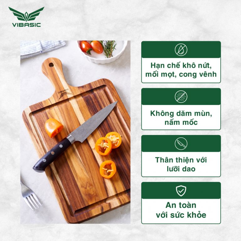 Thớt gỗ Teak Vibasic ghép ngang solid có tay cầm kích thước 300x220x18mm