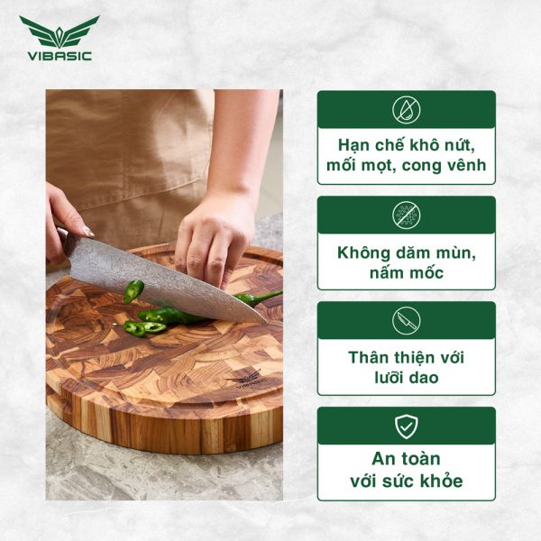 Thớt gỗ Teak Vibasic ghép dựng block kích thước 320x38mm thớt tròn dùng để chặt