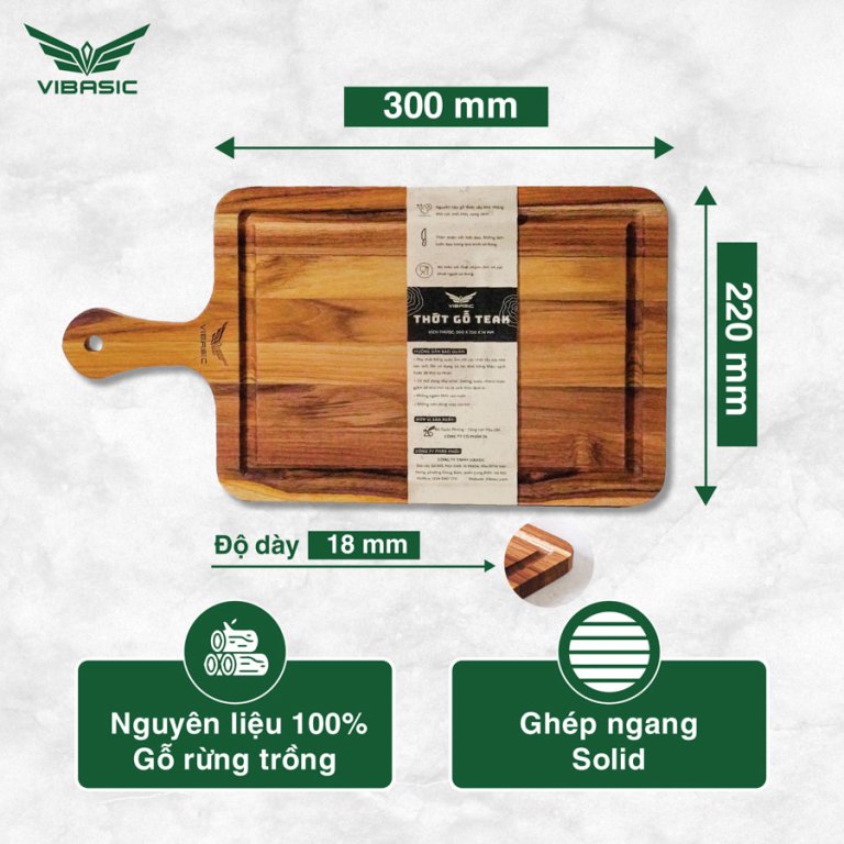 Thớt gỗ Teak Vibasic ghép ngang solid có tay cầm kích thước 300x220x18mm