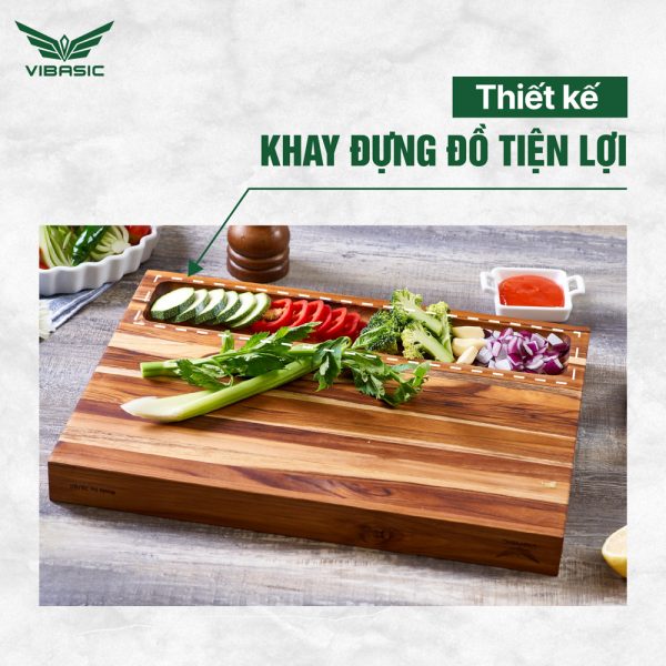 Thớt gỗ Teak Vibasic ghép ngang solid có 1 khay đựng đồ, kích thước 400x300x38mm dùng để chặt