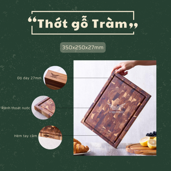 Thớt gỗ Tràm keo Vibasic ghép dựng block kích thước 350x250x38mm