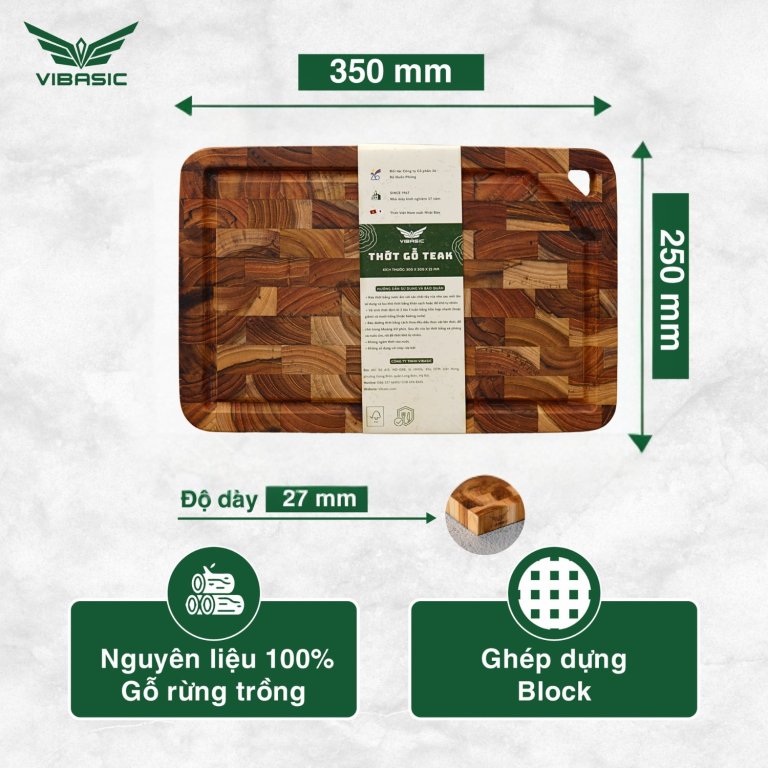 Thớt gỗ Teak Vibasic ghép dựng block kích thước 300x200x25mm