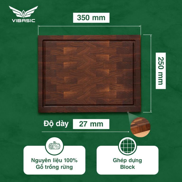 Thớt gỗ Óc Chó Vibasic ghép dựng block kích thước 350x250x27mm