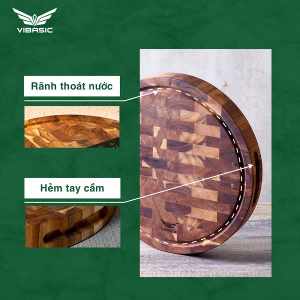 Thớt gỗ Tràm keo tròn Vibasic ghép dựng block kích thước 320x40mm dùng để chặt