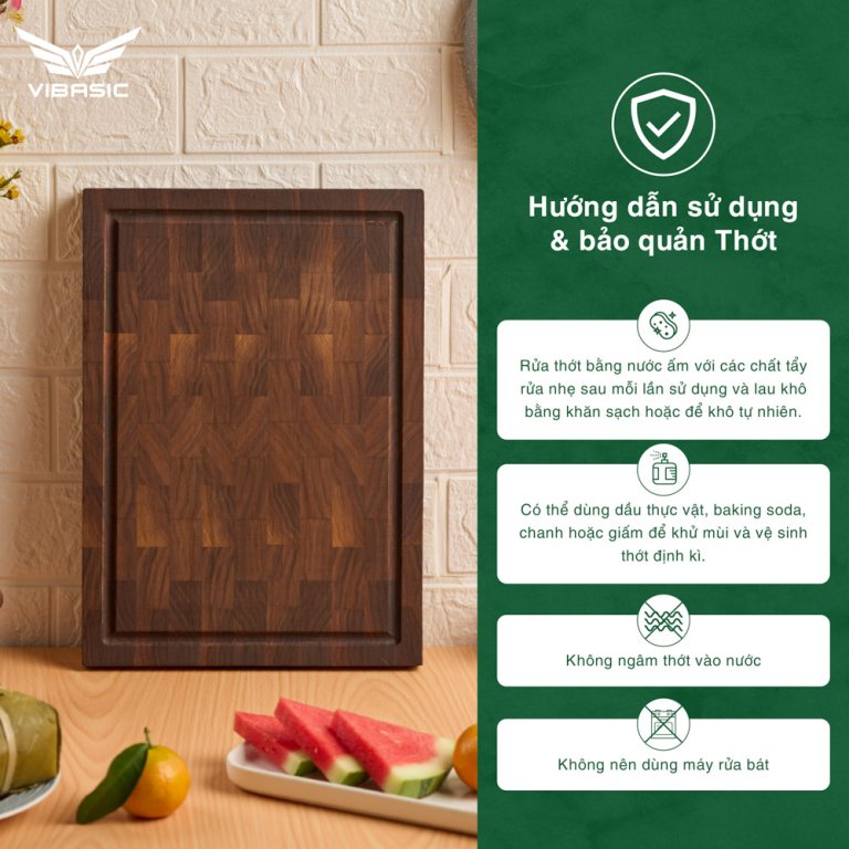 Thớt gỗ Óc Chó Vibasic ghép dựng block kích thước 350x250x27mm