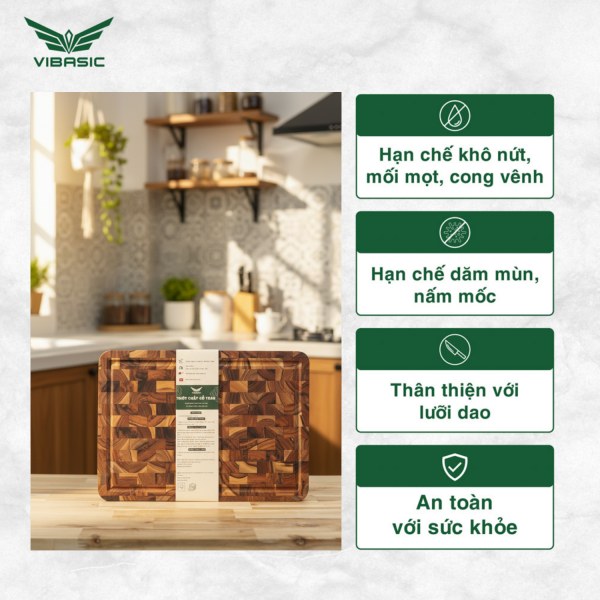 Thớt gỗ Teak chữ nhật kháng khuẩn tự nhiên, thái băm chặt đa năng 35x25x3.8cm