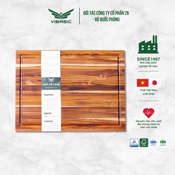 Thớt gỗ Teak Vibasic ghép ngang solid có 1 khay đựng đồ, kích thước 400x300x38mm dùng để chặt