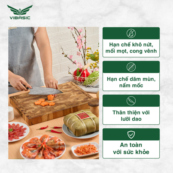 Thớt gỗ Teak Vibasic ghép dựng block có 3 khay đựng đồ, kích thước 400x300x38mm dùng để chặt